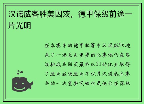 汉诺威客胜美因茨，德甲保级前途一片光明