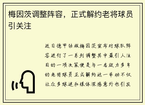梅因茨调整阵容，正式解约老将球员引关注